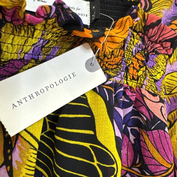 Anthropologie Alexandra Farmer Butterfly Print Smocked Blouse Pink Combo M NEW - Picture 8 of 12